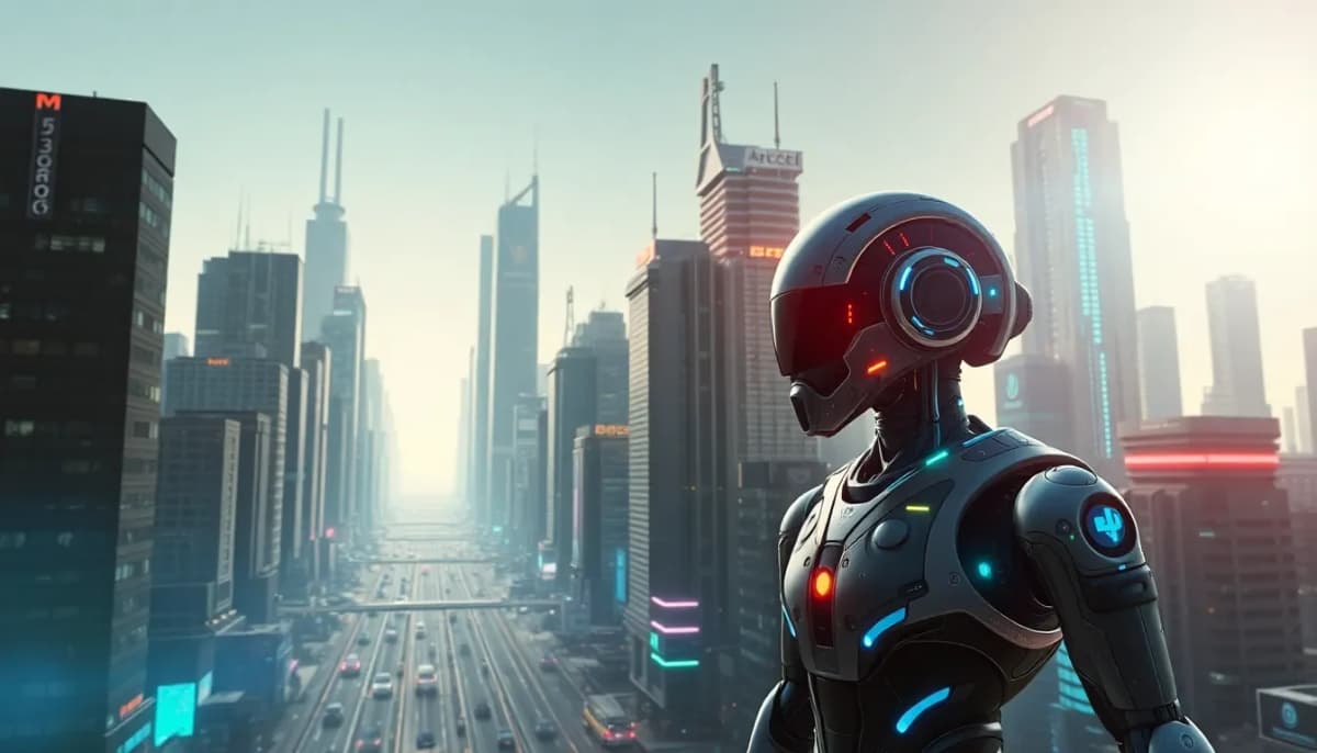 مدينة مستقبلية مع روبوتات الذكاء الاصطناعي وتدفقات البيانات الرقمية في يوم مشمس